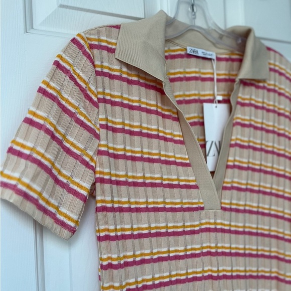 NWT Zara Striped Ribbed Knit Polo Collar Midi Dress L - Picture 8 of 11